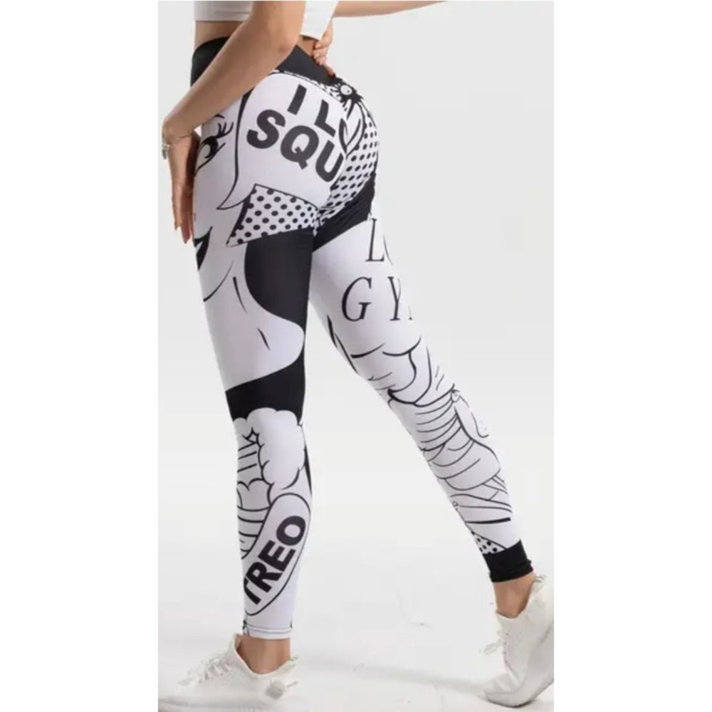 I‎ Love Squats Gym Leggings Women's Workout Pants Comic Style Print Sz M Cute